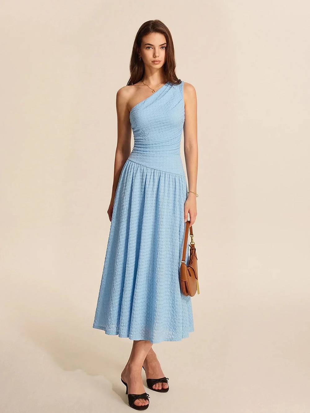 Commense One-Shoulder Sky Blue Midi Dress